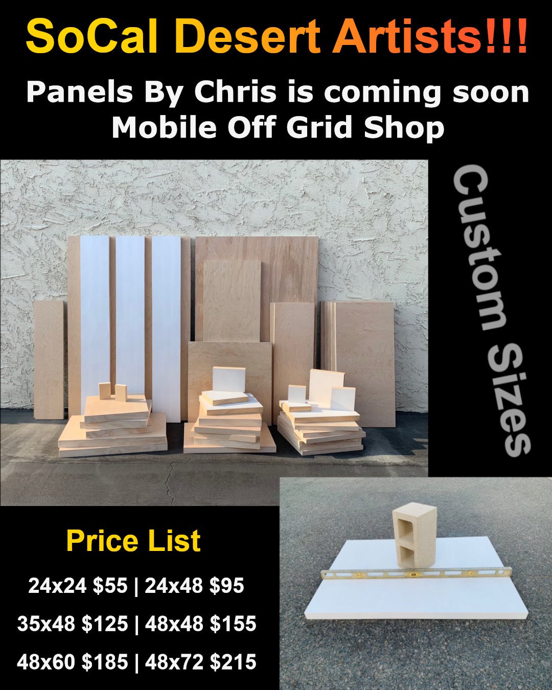 Price list for Panels By Chris custom birch wood art panels featuring a cinderblock strength test and mobile off-grid shop announcement for Joshua Tree desert artists.